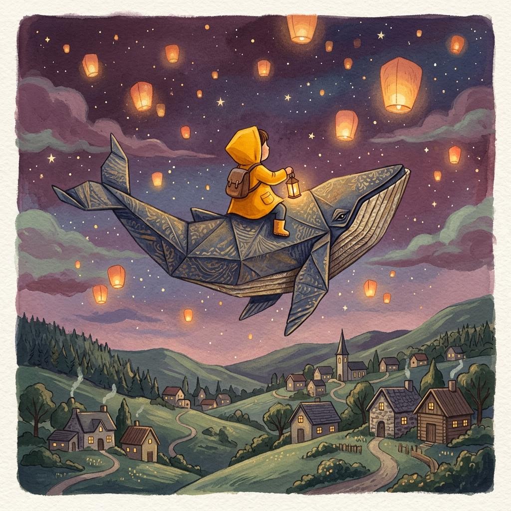 Example illustration: a child on a paper whale in a lantern-lit sky
